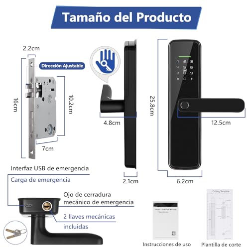 LOKOOY Cerradura Inteligente L2 WIFI, Alarma Anti-forzamiento, 6 Métodos de Apertura, WIFI/App/TT LOCK App Bluetooth/Huella Digital/Tarjeta IC, Negro