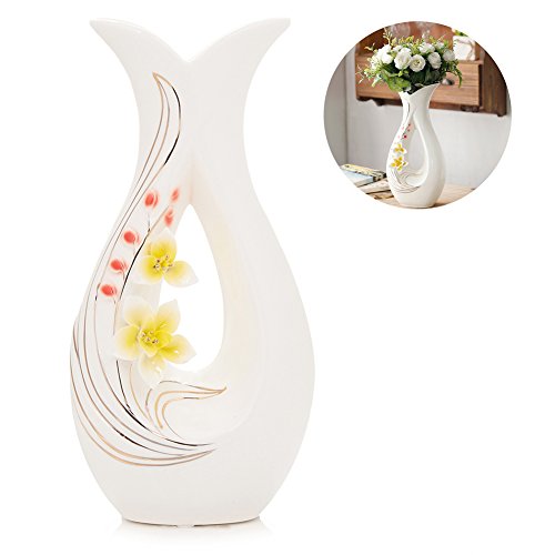 Tall White Ceramic Flower Vases,11.6’’ High Decorative Vases with Handmade Porcelain Yellow Flowers for Living Room, Kitchen, Table, Home, Office, Centerpiece, Wedding, Party or as a Gift