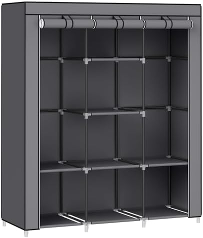 Armadio di Tessuto, Guardaroba Portatile, Organizzatore Porta Abiti con Copertura in Tessuto Non Tessuto, Appendiabiti, Ripiani, 45 x 130 x 168 cm, Alto Portante, Grigio Tortora RYG096G01