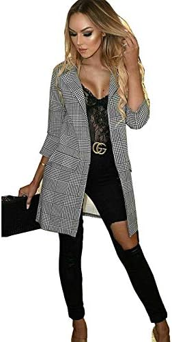 Top Fashion18Ladies Womens Check Hounds Tooth Tartan 3/4 Sleeve Duster Coat Jacket Blazer Size 8-24