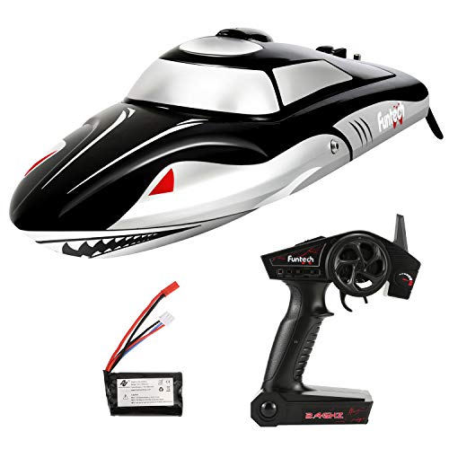 FUNTECH Shark RC Boat Super Speed 40km/h with Reverse Function 2.4 GHz Radio Remote Controlled Boat with Self-righting Auto Roll Back, for Kids Adults for Outdoor Adventure