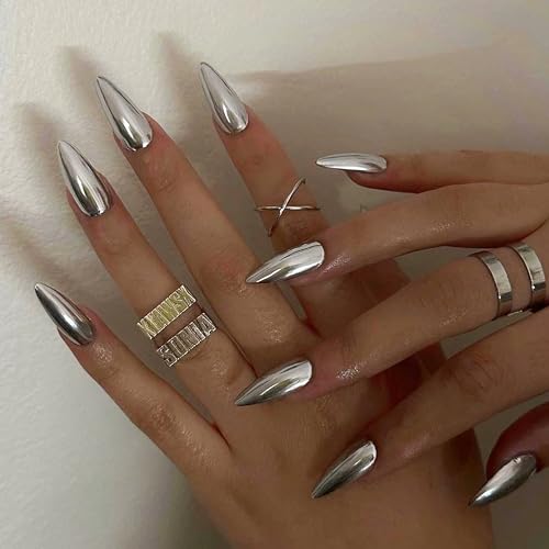 Qsnidy Chrome Press On Nails Almond, Metallic Sliver Mirrored Press On Nails Medium Glue on Nails, Acrylic Natural Fit Stick on Nails in 12 Sizes - 24 Fake Nails Kit for Women Daily & Party Wear - Image 3