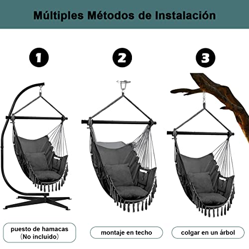 AzzmaAii Hamaca Colgante para Silla, Silla Hamaca Colgante de Cuerda con Cojín y Barra de Metal Silla Colgante al Aire Libre Silla Columpio Sillas Colgantes Portátil al Aire Libre Cuerda Colgante