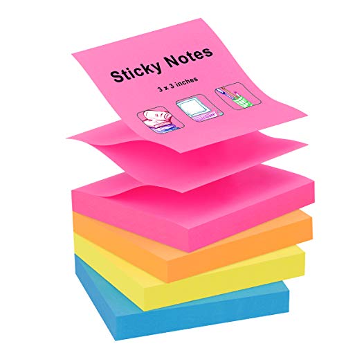 ZCZN Pop-up Sticky Notes 3 x 3 Inches, 4 Pads Assorted Color Self-Stick Notes, 100 Sheets/Pad, (Rose Red, Orange, Yellow, Blue)
