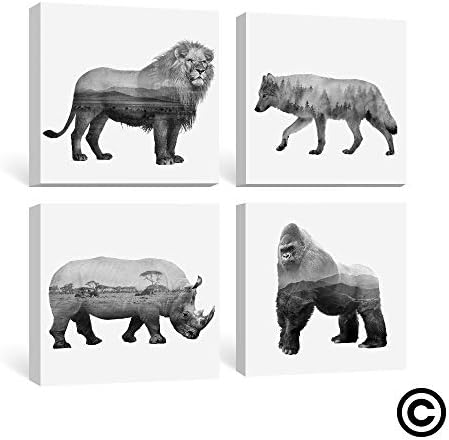 Gronda Black and White Animal Wall Art Prints Contemporary Framed Canvas Artwork Lion Wolf Rhinoceros Orangutans Nursery Prints for Bedroom Living Room 12x12 Inch, 4 Panels