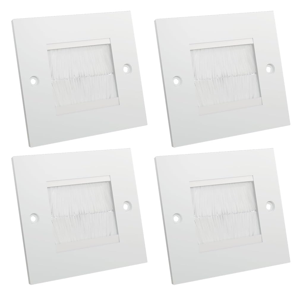 rhinocables White Cable Management Brush Plate | Single Gang Entry Cover for TV, Display & Media Wires | Keeps Cables Hidden, Sturdy Construction with Fixing Screws (White Brush, 4 Pack)
