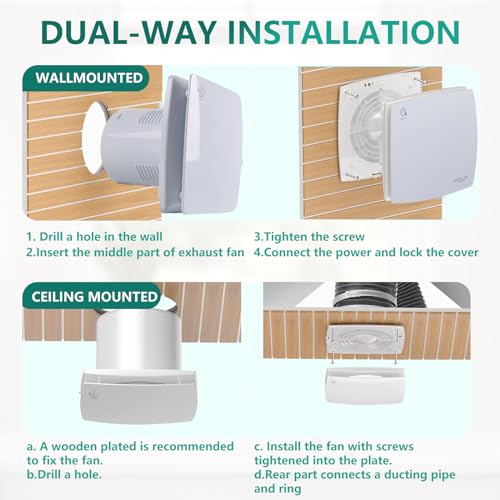 Bathroom Extractor Fan, 4"/100mm High Airflow Silent Bathroom Fan with Timer Overrun Delay Function for Bathroom Toilet Shower Wall Mount (White)