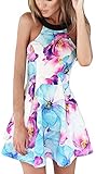 FANCYINN Women Sexy Halter Neck Floral Print Backless Beach Skater Mini Dress M