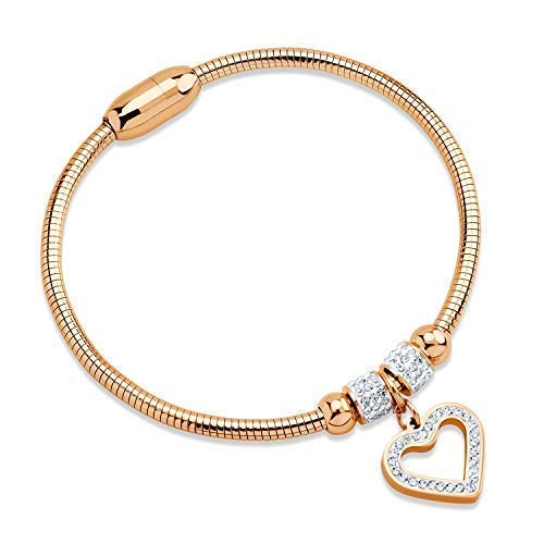 555Jewelry Womens Sparkly Magnetic Magnet Clasp Lock Cubic Zirconia CZ Love Cute Heart Charm Dangle Wrap Fashion Accessory Jewelry Wristband Bangle Bracelet, Pink Rose Gold