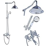Rozin Porcelain Deco Bathroom 2 Knobs Tub Shower Faucet Combo 8-inch Top Rain Showerhead + Hand Spray Chrome
