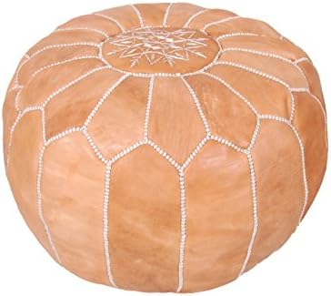 Moroccan Pouf Ottoman Footstool (Leather) Genuine Hand-Stitched Seating | Living Room, Bedroom, Sitting Area | Exclusive Designs (Light Tan)
