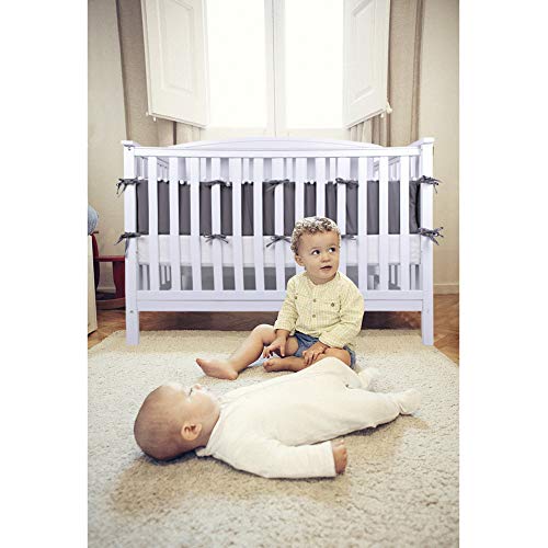 LOAOL Baby Crib Bumper Pads with Pom Pom Breathable Washable Padded Crib Liner Nursery Toddler Decor (Gray) - Thumbnail 4