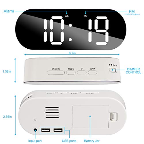 WulaWindy Alarm Clock Digital Mirror Surface Dimmer Large LED Display
