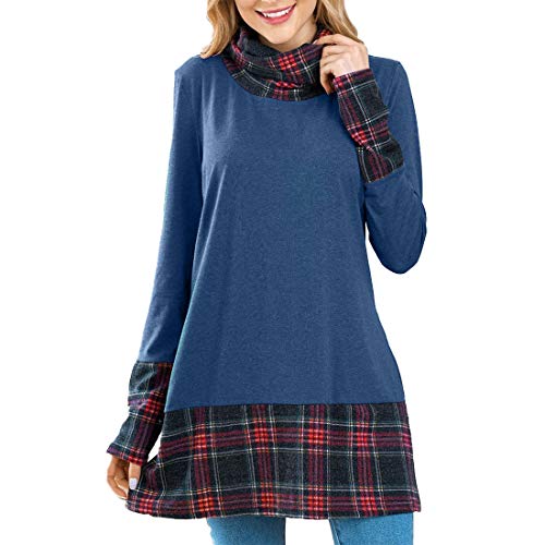 Belgius Women Cowl Neck Plaid Patchwork Long Sleeve Tunic Pullover Tops Sweatshirts Blue XL