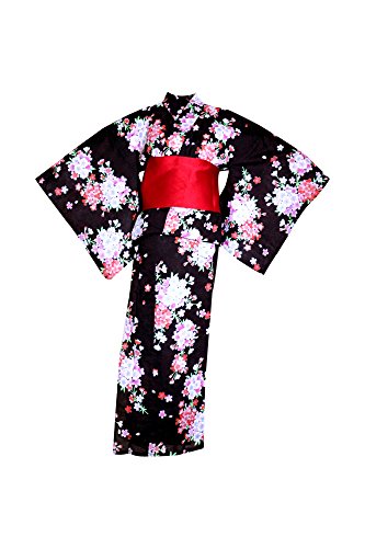 myKimono Women's Traditional Japanese Kimono Robe Yukata 488 with Obi Belt / Black and flower pattern
