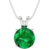 Clara Pucci 14K White Gold Plated Solitaire 16" Box-Chain Necklace - Sterling Silver 2ct Round Cut Emerald Pendant