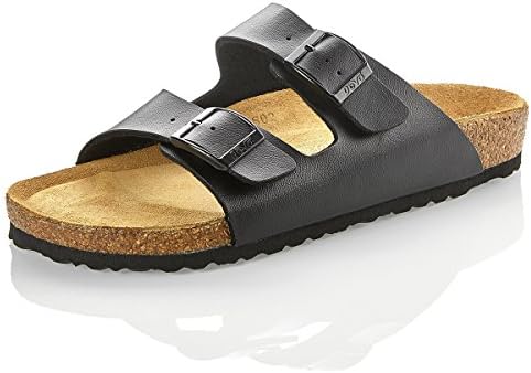 Footbed Sandals 2 Straps Cork Sole Comfortable Slides Flats With Arch Support for Women by Devo (8 B(M) US, Black)