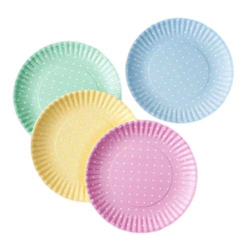 Pastel Polka Dot Picnic / Dinner Plate, 9 Inch Melamine, Set Of 4, Pink, Blue, Yellow, Green (844828057880)
