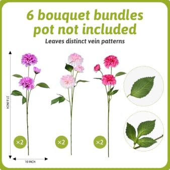 INXUGAO ARTIFICIAL FLOWERS FOR VASE,6 BUNCHES FAKE 27.5“ LONG STEMS SILK POMPON DAHLIA FOR INDOOR OUTDOORS HOME DECOR, FRONT DOOR PORCHES YARD PATIO GARDEN PLANTERS – [2 PURPLE + 2 ROSE RED + 2 PINK]