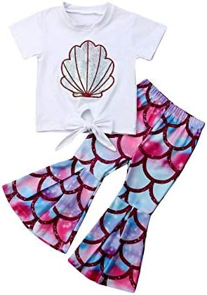 Toddler Baby Little Girls Mermaid T-Shirt Top Fish Scale Bell Bottom Pant Outfits Sets 2pcs Summer Clothes