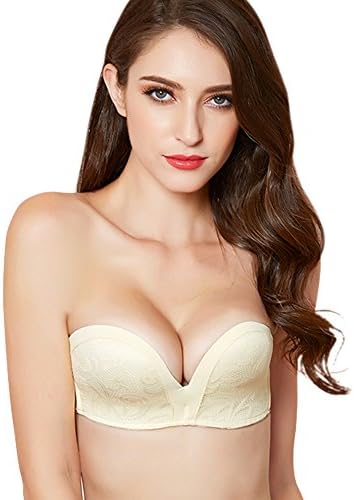 Strapless Invisible Lace Push-up For Women Wirefree Gather Anti-slip Bra (A, BEIGE)