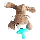 Baby Pacifier Holder Stuffed Animal Soft Plush Toy with Detachable Silicone Baby Dummy Binky Teething Soother Clip Leash & Squeaky (Little Bear)