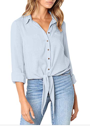 Gdl women long sleeve button down shirt solid v linen tie front b…