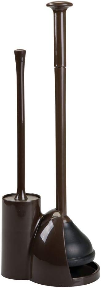 mDesign Modern Slim Compact Freestanding Plastic Toilet Bowl Brush Cleaner and Plunger Combo Set Kit with Holder Caddy for Bathroom Storage and Organization - Covered Lid Brush - Dark Brown: Home & Kitchen