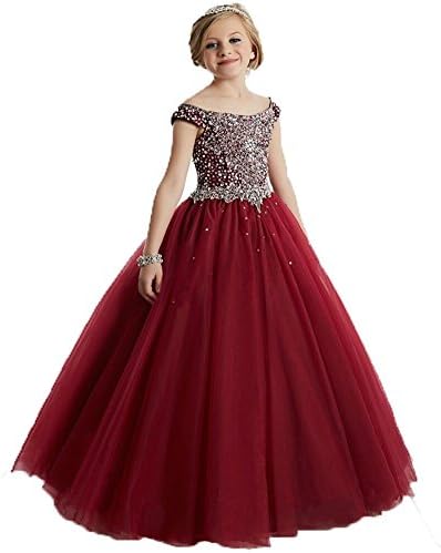 Wenli Girls' Off Shoulder Beaded Princess Pageant Dresses 2 US Burgundy