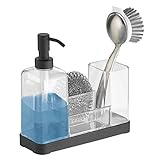 mDesign Modern Plastic Kitchen Sink Countertop Liquid Dish Soap Dispenser Pump Bottle Caddy with Storage Compartments - Holds and Stores Sponges, Scrubbers and Brushes - Clear/Matte Black