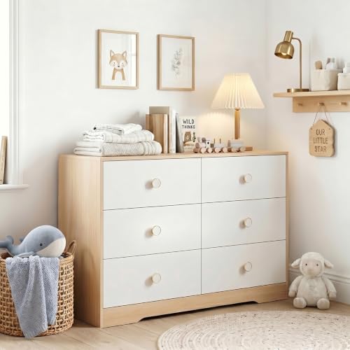 BERRY NEST Upgrade White Wood Dresser for Bedroom, 6 Drawer Dressers with Solid Wood Legs, Baby Dresser for Kids, Storage for Clothes and Baby Essentials