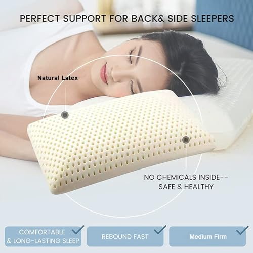 Talatex Natural Dunlop Latex Pillow, Medium Firm, Helps Relieve Pressure, Neck and Shoulder Pain, No Memory Foam Chemicals, Perfect Sleep Gift for Side & Back Sleepers (Standard(60×40×13) cm)