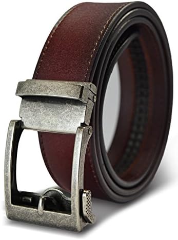 AventusClassic Men's Leather Ratchet Click Belt - Antique Silver Buckle with Brown Rosewood Leather Belt (Trim to Fit: Up to 40'' Waist)
