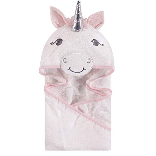Hudson Baby Unisex Baby Cotton Animal Face Hooded Towel, White Unicorn, One Size