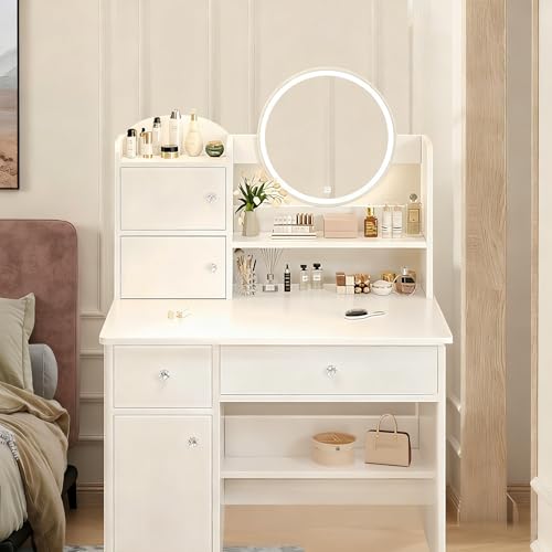 Vabches Tocador con Luces LED Regulables, Mesa de Maquillaje con 2 cajones, 3 Puertas y 1 Estante, Espejo de Pantalla táctil con iluminación Regulable,Tocador para Dormitorio(Blanco)
