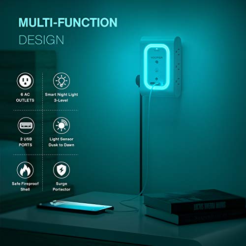 Outlet Extender, Surge Protector with Night Light(Dusk-to-Dawn Sensor), KOOPER 6-Outlet Adapter with 2 USB Ports, 1080J Wall Mount Outlet for Hallway, Stairs, Bathroom, Kitchen (Ice-Blue Light)