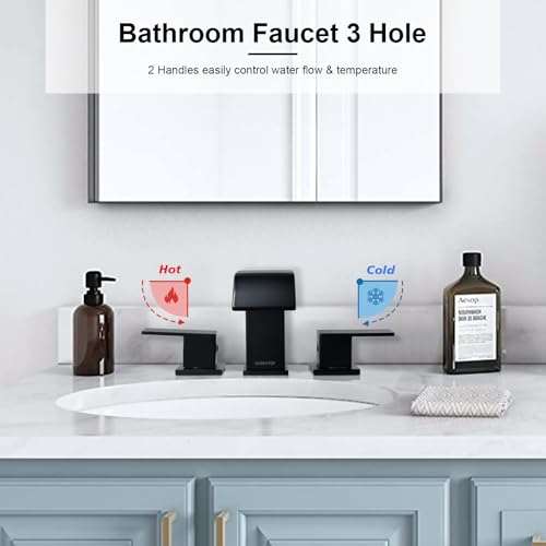 OMEKNTOP Matte Black Bathroom Faucet 3 Hole, 8 Inch Waterfall Black Bathroom Faucet with cUPC Hose, Two Handle Bathroom Sink Faucet for Basin Lavatory Vanity