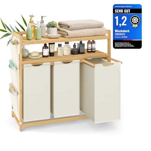 SONGMICS Wäschekorb 3 Fächer, Bambus, 150 L, mit Ablage