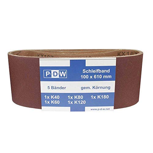 P-D-W® Sanding Belts 100 x 610 mm Sanding Belt Set Various Grain Grain Grit K40/K60/K80/K120/K180 for Belt Sander Pack of 25