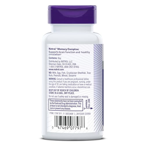 NATROL MEMORY COMPLEX WITH GINKGO BILOBA 120MG AND B VITAMINS, DIETARY SUPPLEMENT FOR BRAIN HEALTH AND MEMORY SUPPORT, 60 TABLETS, 30 DAY SUPPLY