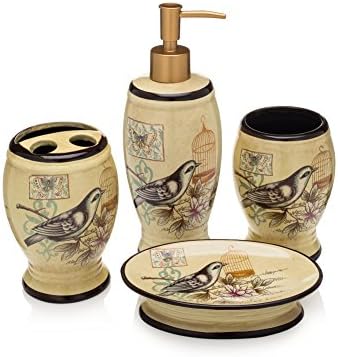 Bath Accessories 4 Piece Ceramic Set - Soap Dispenser and Soap Dish, Toothbrush Holder and Tumbler - Elegant + Durable Styles To Spruce Up Your Bathroom, Beige