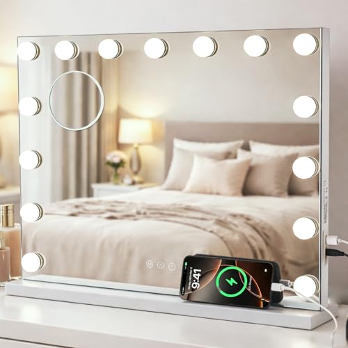 Hollywood Vanity Mirror with Lights, 22.1"x18.1" Hollywood Mirror with 10X Magnification, 15