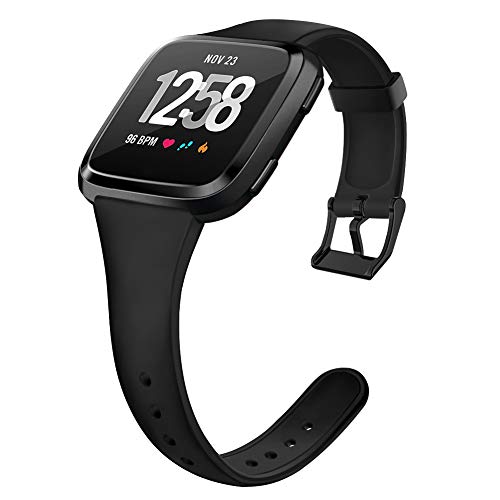 OenFoto Sport Bands Compatible Fitbit Versa/Versa 2 &Versa Lite Edition, Soft Silicone Slim Thin Narrow Small Replacement Wristband Strap for Fitbit Versa Smart Watch,Women Men, Black Small