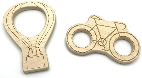 Little Sapling Toys Natural Wooden Baby Teether Set - Hot Air Balloon and Bicycle