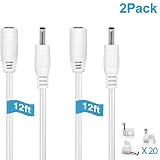 IBERLS 2-Pack White 12ft(3.6m) 5.5 x 2.1mm DC Plug Power Supply Adapter Extension Cable 20AWG Power Cord for 5V / 12V / 24V Wireless IP Security Camera, LED Strip Lights, Baby Monitor, Female to Male