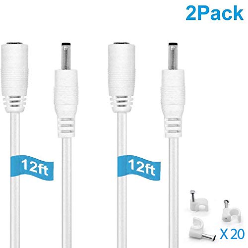 IBERLS 2-Pack White 12ft(3.6m) 5.5 x 2.1mm DC Plug Power Supply Adapter Extension Cable 20AWG Power Cord for 5V / 12V / 24V Wireless IP Security Camera, LED Strip Lights, Baby Monitor, Female to Male