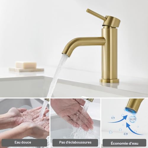 DETBOM Gold Basin Mixer Tap, Adjustable Hot and Cold Washbasin Tap, Stainless Steel, Removable Aerator, Lead Free, Brushed Gold