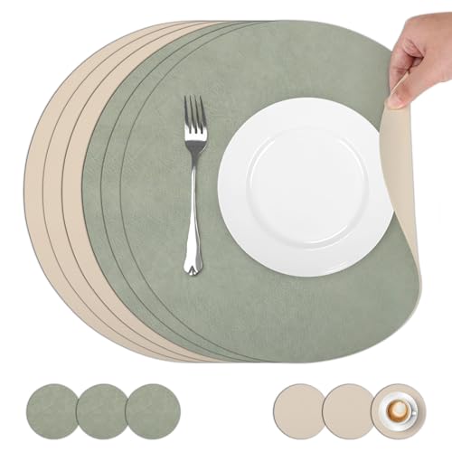 comfoyar Set of 6 American Placemats and Coasters Double Side Green White Round, Non-Slip Leather American Placemats Washable and Waterproof for Kitchen, Party Table 33 x 33 cm