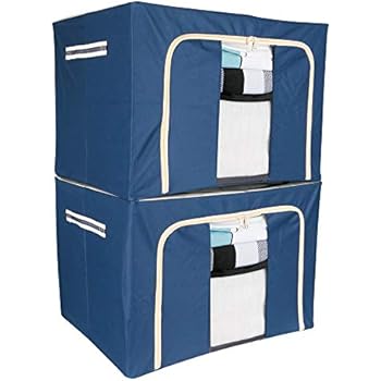 Yoweenton Stackable Storage Bins Boxes, 19.7 x 15.7 x 11.8 Inch Foldable Storage Container, 600D Oxford Fabric Organizer Basket Set with Metal Support and Clear Window, for Bedding, Clothes