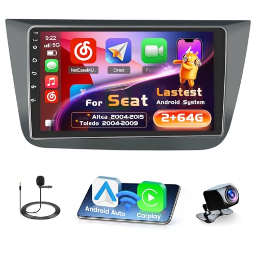 Inefala Radio for Seat Altea 2004-2015 Toledo 2004-2009 Android 15 2+64G with Wireless Carplay and Android Auto, 9'' Touch Screen Stereo Radio with Bluetooth 26UI EQ GPS FM/RDS SWC AHD Reverse Camera
